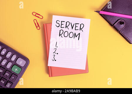Text sign showing Server Room. Business photo showcasing a room used to store power and operate computer servers Pile of empty papers with copy space Stock Photo