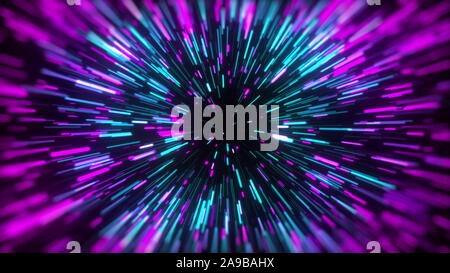 3d rendering movement through stars. Hyper jump into another galaxy. Speed of light, neon glowing rays in motion. Computer generated abstract modern Stock Photo