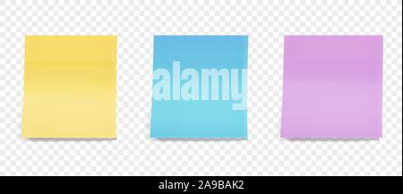 Collection of different colored sheets of note papers with curled corner. Front view. Stock Vector