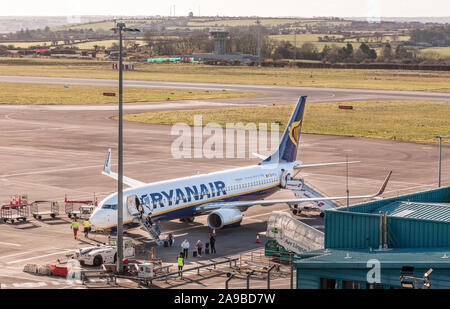Cork Airport, Cork, Ireland. 14th November, 2019. Passengers disembark from a Ryanair Boeing 737 aircraft after a flight from Alicante at Cork Airport Stock Photo