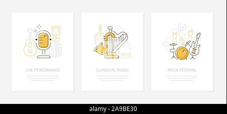 Musical instruments and concerts - vector line design style banners Stock Vector