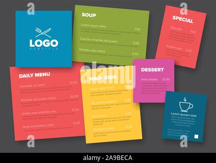 Modern pastel light flat minimalistic vertical restaurant menu template with color content block Stock Vector