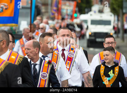 12.07.2019, Belfast, Northern Ireland, United Kingdom - Orangemens Day Parade, a Protestant, politically charged and annual holiday commemorating the Stock Photo