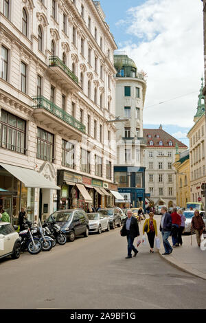 Street of Stallburggasse with its shops, restaurants and coffee shops. Central Vienna, Austria Stock Photo