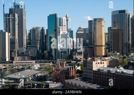 22.09.2019, Sydney, New South Wales, Australia - Elevated city view from the Harbour Bridge to the skyline of the business district and the Rocks in t Stock Photo