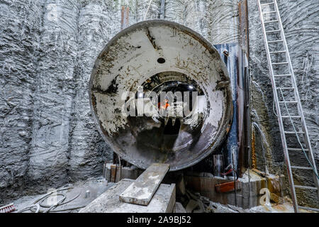 09.08.2019, Gelsenkirchen, North Rhine-Westphalia, Germany - Canal construction at the Holzbach, entrance of the tunnel boring machine into the shaft, Stock Photo