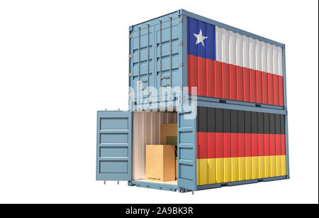 Two freight container with Chile and Germany flag. Isolated on white - 3D Rendering Stock Photo