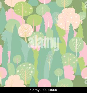 Seamless vector blossom forest pattern. Spring background Stock Vector
