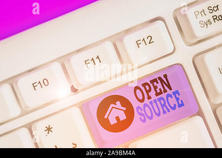 Writing note showing Open Source. Business concept for denoting software which original source code is made free Stock Photo