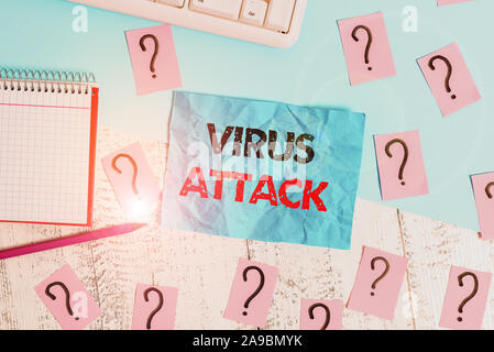 Handwriting text writing Virus Attack. Conceptual photo malicious program that perform actions unauthorized by the user Writing tools, computer stuff Stock Photo