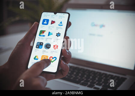 Wroclaw, Poland - OCT 23, 2019: Google apps icons on Huawei P30 screen. Google LLC is an American multinational technology company that specializes in Stock Photo
