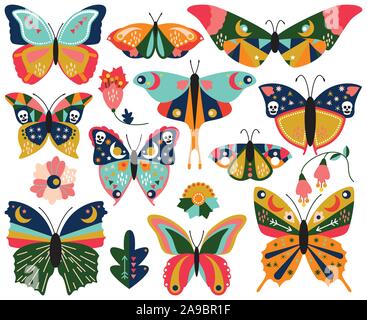 Vector Collection of Bohemian Stylized Butterflies and Moths Stock Vector