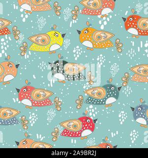 Seamless Winter Pattern with Birds. Merry Christmas Texture. Vector Illustration Stock Vector