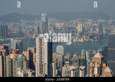 The view over the city and harbour from Victoria Peak in Hong Kong. Stock Photo