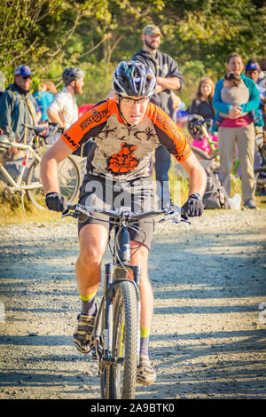 Cyclist competing in the 'King of the James' triathlon. Stock Photo