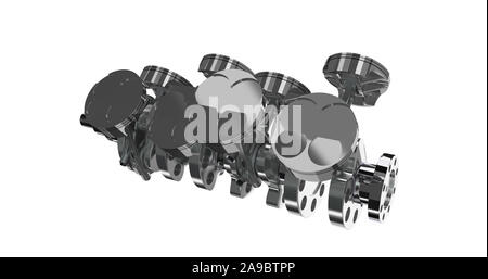 V 8 engine pistons on a crankshaft. Isolated on white background. 3D render Stock Photo