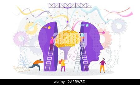 Tiny people insert a brain into a human head. Stock Vector