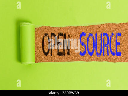 Text sign showing Open Source. Business photo text denoting software which original source code is made free Cardboard which is torn in the middle pla Stock Photo