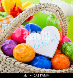 Happy Easter Label and Flowers Stock Photo