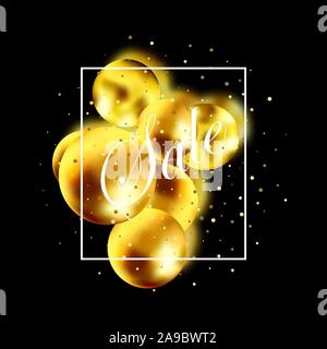 Sale banner with gold balls, render 3d round spheres. Sale Promotion Poster and shopping template. Flyer design placard, brochure, web border. Stock Vector