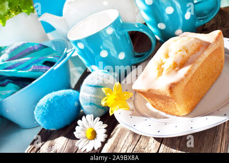 Easter table decoration with eggs in the garden Stock Photo