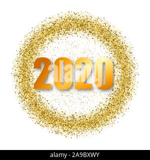 Happy New Year 2020 with glitter on white background, text design gold colored, vector elements for calendar and greeting card. Stock Vector