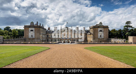 Woburn Abbey with a blue sky and clouds, Woburn, Bedfordshire, England, UK Stock Photo