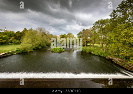 Silt-laden water rushing over a weir on the River Stour Blandford Dorset  England UK Stock Photo - Alamy