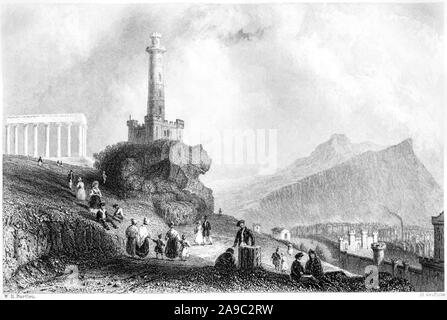 An engraving of The Calton Hill with Nelson Monument Edinburgh scanned at high resolution from a book printed in 1859. Believed copyright free. Stock Photo