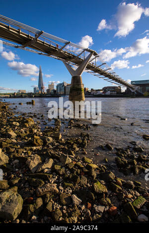 London, UK - January 28th 2019: A view from the shore of the River Thames in London, UK.  This view takes in the sights of The Shard, the Globe Theatr Stock Photo