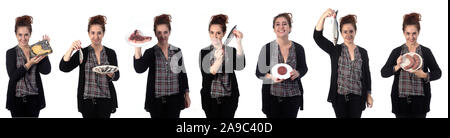 woman with various types of fish and meat on white background Stock Photo