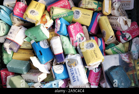 Wroclaw, Poland - 03.11.2019: Pile of old soap made in the 70s, sold at a flea market Stock Photo