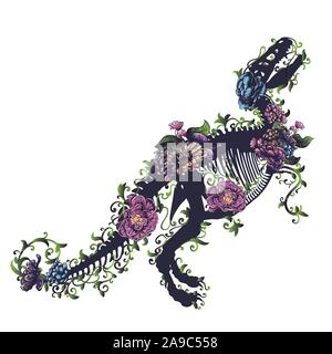 Silhouette of a tyrannosaurus rex skeleton with flowers on white background. Stock Vector