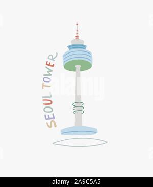 doodle flat illustration of Seoul Tower - famous place in Korea Stock Vector