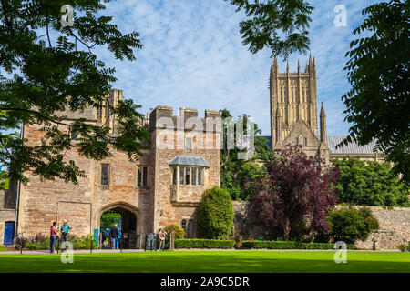 Wells, UK - August 8th 2013: A view from inside the historic Bishops Palace in the cathedral city of Wells in Somerset, UK.  The exterior of Wells Cat Stock Photo