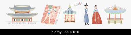 doodle flat vector illustration sights of south korea Stock Vector