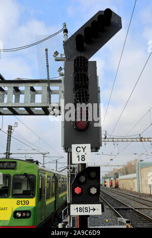 A Dart train at Clontarf Road railway station, Dublin City, Republic of Ireland Stock Photo