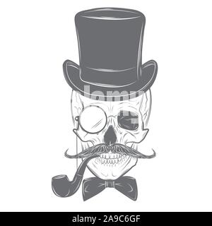 Gentleman Hipster skull in monocle with mustache, bow tie, top hat and smoking pipe. Skull print, skull illustration isolated on white background. Stock Vector