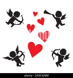 Stick figure cupids. Flying on the wings of love amur, cupid with bow, arrows and pipe. Stick Figure Pictogram Icons Stock Vector
