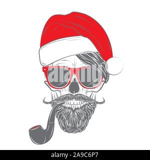 Santa Hipster skull in glasses with mustache, beard and tobacco pipe. Skull print, skull illustration isolated on white background. Stock Vector