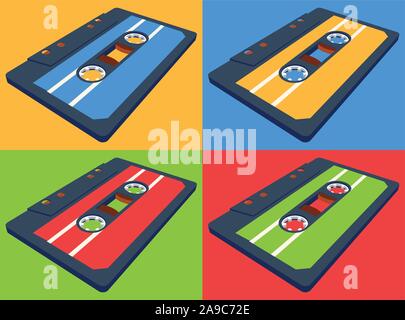 Compact cassette seamless pattern with floating or flying tape in perspective view Stock Vector