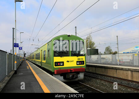 A Dart train at Clontarf Road railway station, Dublin City, Republic of Ireland Stock Photo