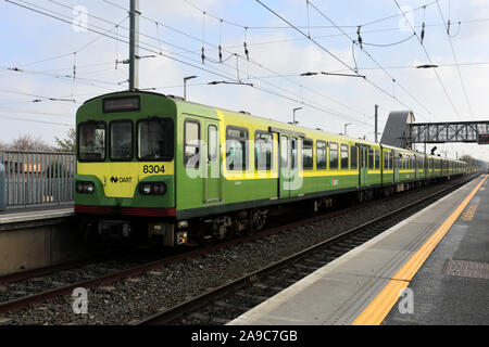 A Dart train at Clontarf Road railway station, Dublin City, Republic of Ireland Stock Photo