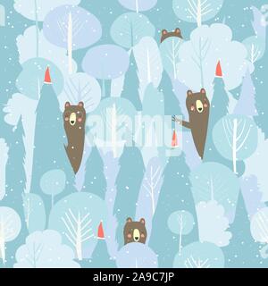 Seamless vector winter forest pattern. Christmas background Stock Vector