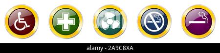 Set of colorful web glossy vector icons,  wheelchair, cigarette, ventilator, no smoking buttons in eps 10 for webdesign and mobile applications on whi Stock Vector