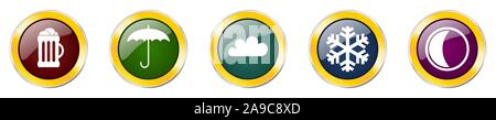 Set of colorful web glossy vector icons,  beer, cloud, snowflake, umbrella and moon buttons in eps 10 for webdesign and mobile applications on white b Stock Vector