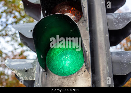 Vintage traffic light with a green light Stock Photo