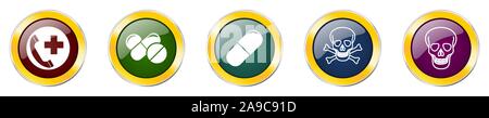 Set of colorful web glossy vector icons,  pill, pharmacy and skull buttons in eps 10 for webdesign and mobile applications on white background Stock Vector
