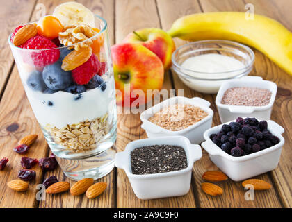 Healthy oak flakes breakfast and ingredients Stock Photo