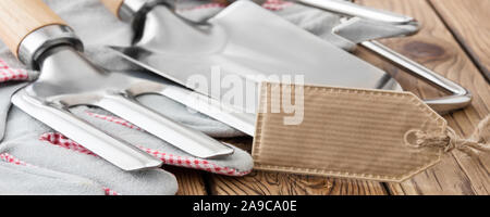 Gardening tools and label background Stock Photo